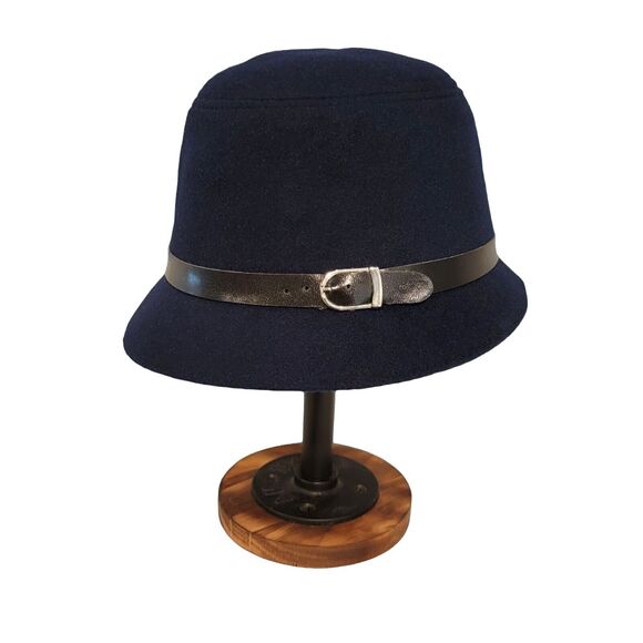 Wool Navy Blue Bucket Hat Medium Women's Leather Band - Picture 6 of 11